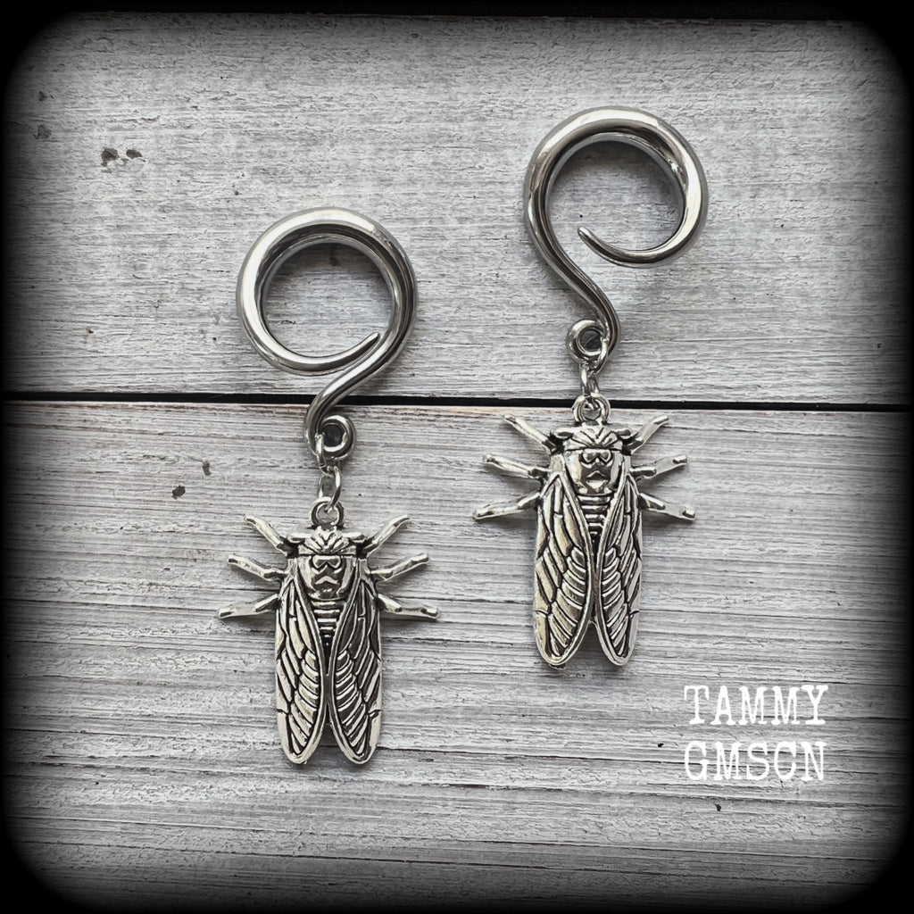 These adorable insect gauged earrings feature an antique silver cicada, nice and dangly measuring just under 6cms from tip to tip, and weighing approx 7 grams each.
This pair has been made on 6 gauge (4mm) surgical steel full curl hooks, suitable for stretched lobes.