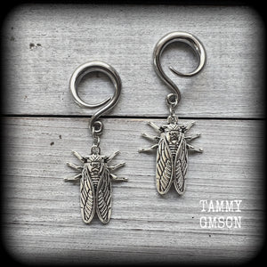 These adorable insect gauged earrings feature an antique silver cicada, nice and dangly measuring just under 6cms from tip to tip, and weighing approx 7 grams each.
This pair has been made on 6 gauge (4mm) surgical steel full curl hooks, suitable for stretched lobes.