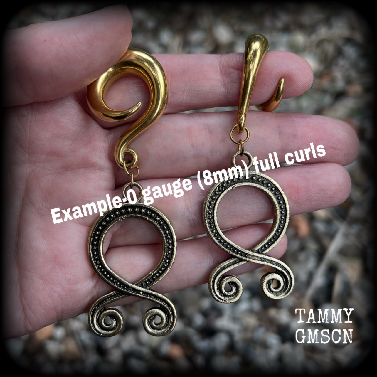 These beautiful gauged earrings feature antique gold troll cross pendants, weighing approx 24 grams each, and are nice and dangly, measuring just on 8.5cms from tip to tip. This pair have been made on 0 gauge (8mm) surgical steel full curl hooks.