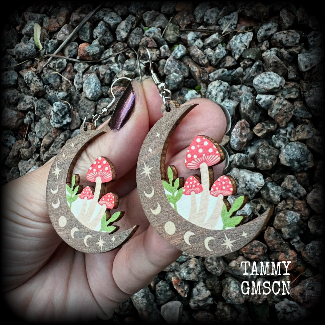 These adorable balsa wood mushroom and moon phase earrings measure in at just approx 6.5cms from tip to tip, and are nice and light weight, weighing only a few grams each.  This pair has been made with stainless steel french hooks, for pierced ears.