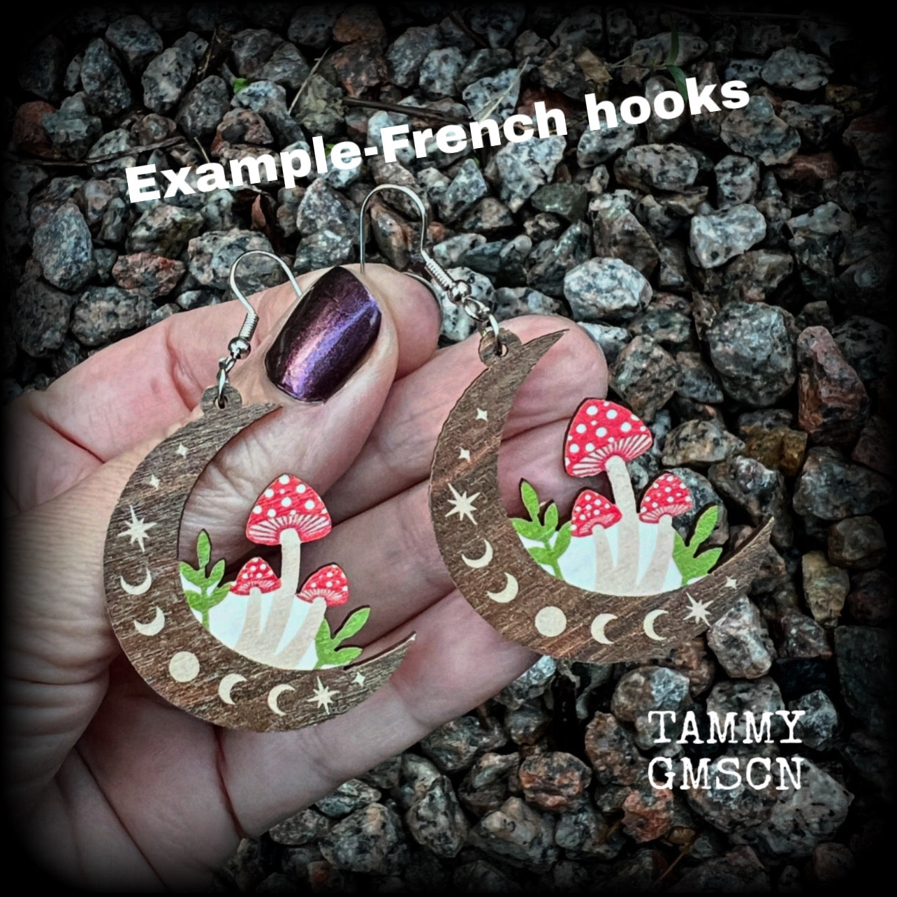 These adorable balsa wood mushroom and moon phase earrings measure in at just approx 6.5cms from tip to tip, and are nice and light weight, weighing only a few grams each.  This pair has been made with stainless steel french hooks, for pierced ears.