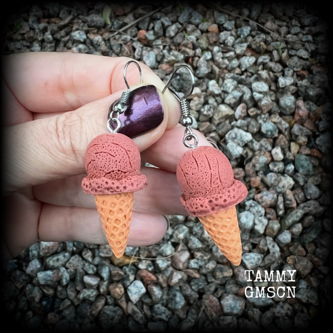 This pair of classic waffle cone ice cream earrings measures just under 6 cms from tip to tip, and weigh approx 5 grams a piece (not too heavy).

This pair have been made with stainless steel french hooks, for pierced ears.