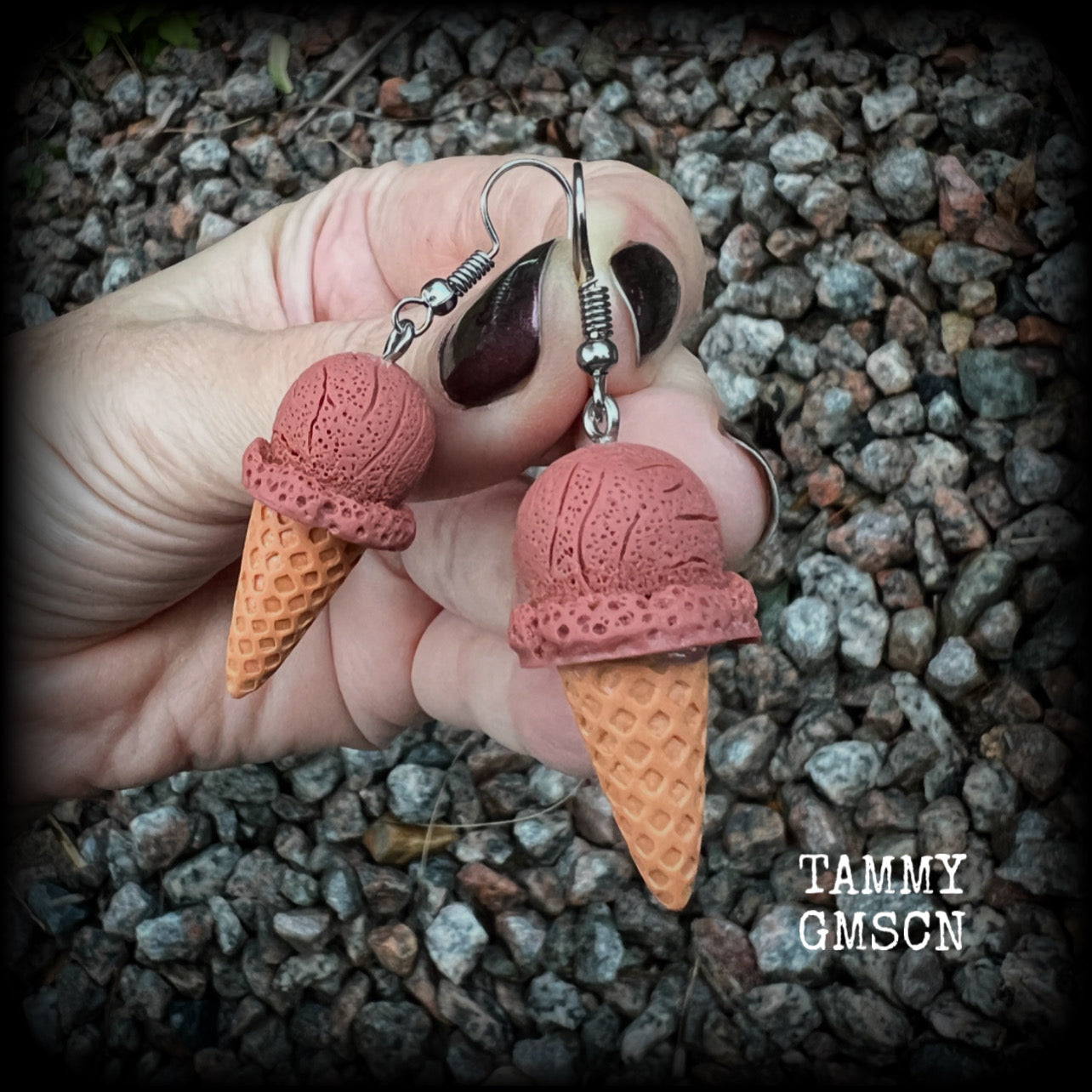 This pair of classic waffle cone ice cream earrings measures just under 6 cms from tip to tip, and weigh approx 5 grams a piece (not too heavy).

This pair have been made with stainless steel french hooks, for pierced ears.