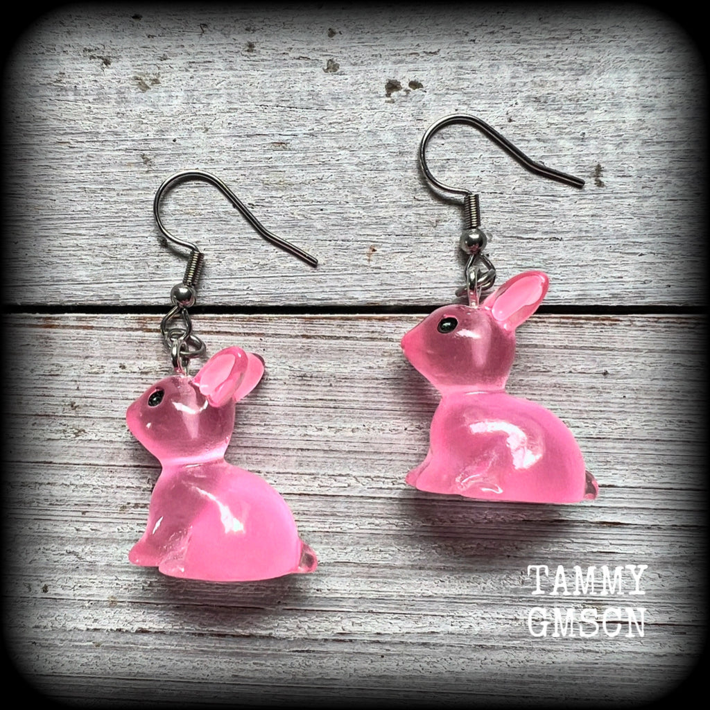 These adorable earrings feature a cute pink bunny rabbit, are super lightweight weighing in at only a few grams each, and measure just under 5cms from tip to tip.

This pair has made on stainless steel french hooks, suitable for pierced ears.