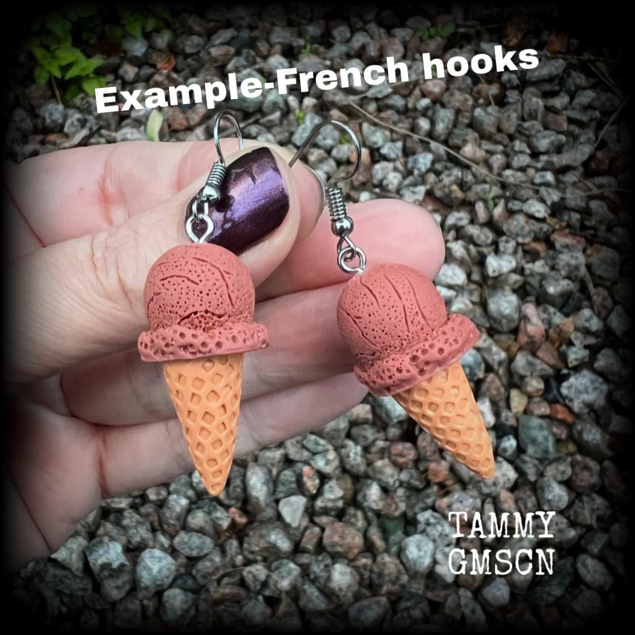 This pair of classic waffle cone ice cream earrings measures just under 6 cms from tip to tip, and weigh approx 5 grams a piece (not too heavy).

This pair have been made with stainless steel french hooks, for pierced ears.