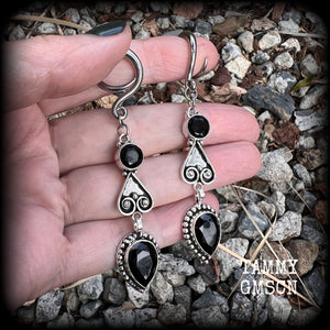 Black onyx gauged earrings-Gemstone ear gauges