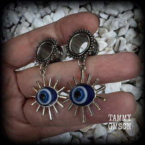 These stunning tunnel earrings feature gorgeous blue and white enamel and antique silver turkish evil eye charms, are nice and lightweight, weighing approx 10 grams each, measuring approx 6cms from tip to tip.

This pair has been made on 1/2” (12mm) gauge ornate surgical steel screw fit tunnels.