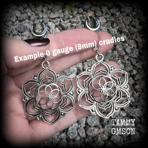 Flower of life mandala gauged earrings-Geometric ear hangers