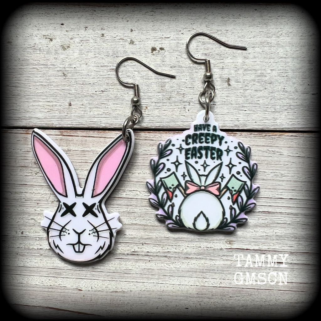 Featuring super cute, slightly creepy zombie rabbit acrylic charms, these earrings weigh approx 5 grams each, and are lovely and dangly at approx 6cms from tip to tip.
This pair has made on stainless steel french hooks, suitable for pierced ears.