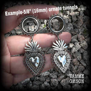 Silver heart tunnel earrings-Sacred heart tunnels