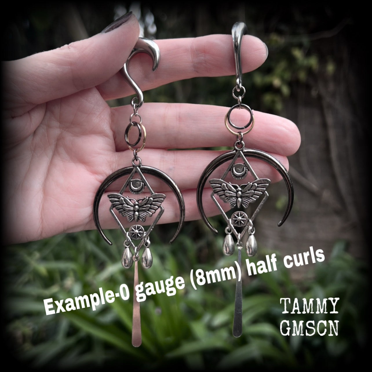 Esoteric moth and crescent moon gauged earrings-Moth ear hangers