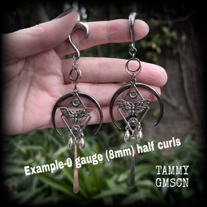 Esoteric moth and crescent moon gauged earrings-Moth ear hangers