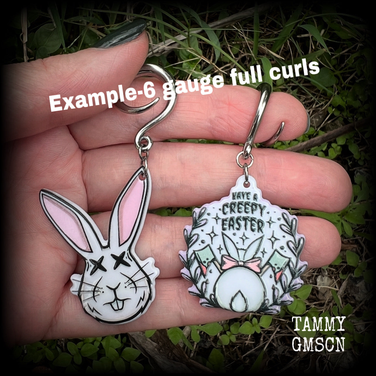 Featuring super cute, slightly creepy zombie rabbit acrylic charms, these earrings weigh approx 5 grams each, and are lovely and dangly at approx 6.5cms from tip to tip. This pair has been made on 6 gauge (4mm) surgical steel full curl hooks.