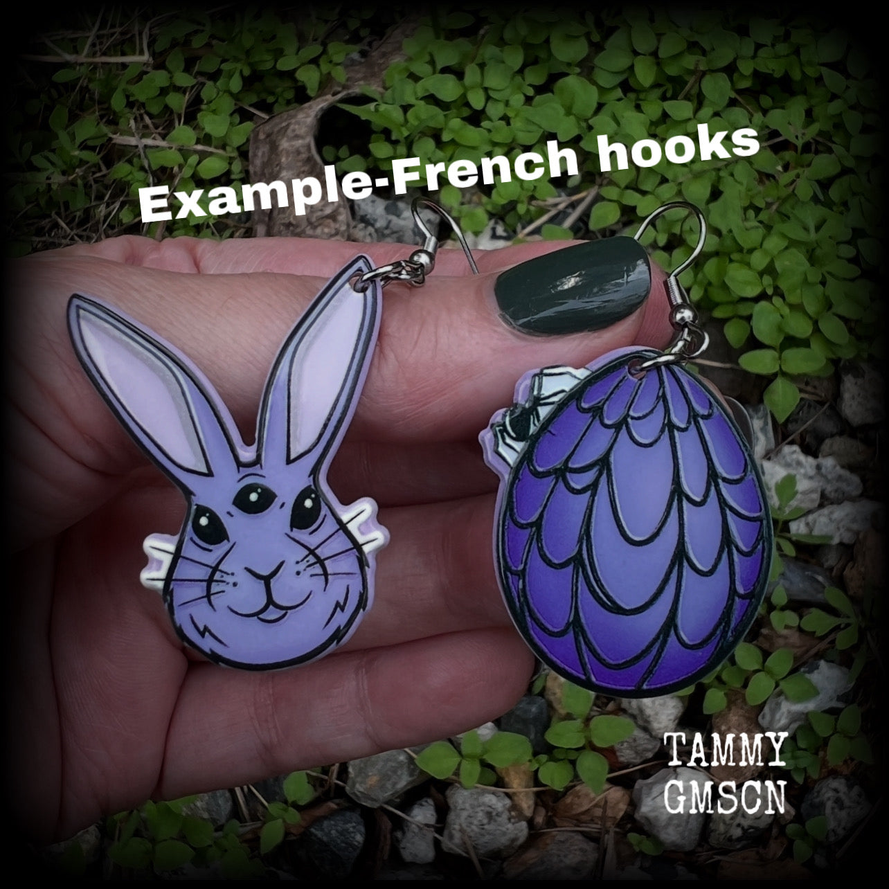 These earrings feature an all knowing, third eye bunny with easter egg draped in cobwebs, weighing in at only a few grams each, and are nice and dangly, measuring just over 6 cms from tip to tip. This pair has made on stainless steel french hooks