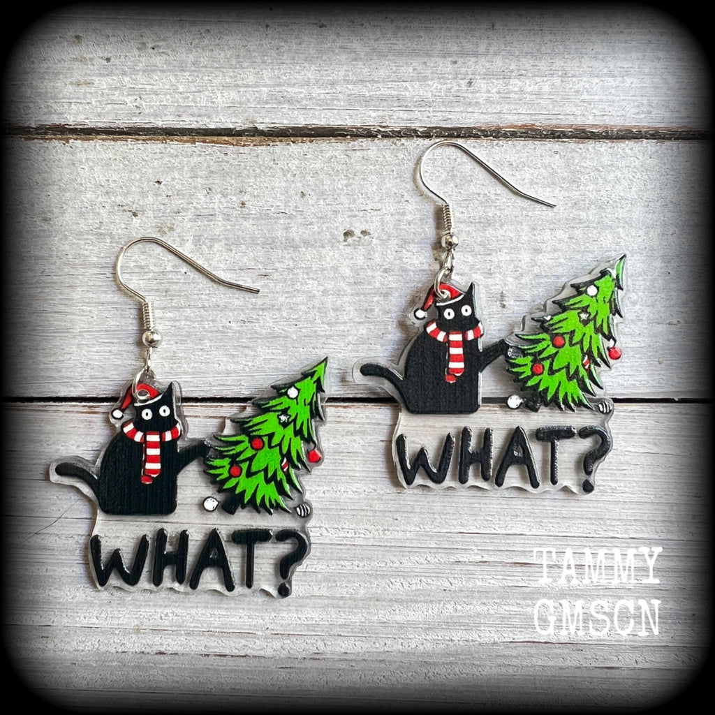 Black cat earrings Christmas earrings tree Pet earrings Gothic Christmas earrings Black cat earrings Stocking stuffers Spooky cute Craxy cat lady earrings Acrylic earrings Festive season Yule Summer solstice jewelry Yuletide earrings Pierced ears Clip  Gifts for goths