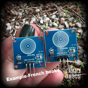 These awesome cyberpunk circuit board earrings measure just under 5 cms from tip to tip, and weigh only a few grams each, these are lovely and lightweight and not too dangly. This pair has been made on stainless steel french hooks.