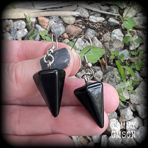 Black obsidian earrings Gothic earrings Gemstone earrings Body jewelry Body jewellery Tunnels Gauges Plugs Gemstone jewelry Pierced ears Stretched ears lobes Ear gauges Witchy jewelry Coven jewelry Occult jewelry Mossgoth Whimsigoth Whimsygoth