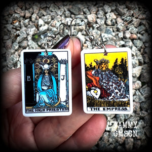 These classic Major Arcana earrings feature lightweight acrylic 'High Priestess' and ‘Empress’ tarot card charms, measuring just under 6cms from tip to tip and weighing only a gram or two each.

This pair has been made with stainless steel french hooks, suitable for pierced ears.