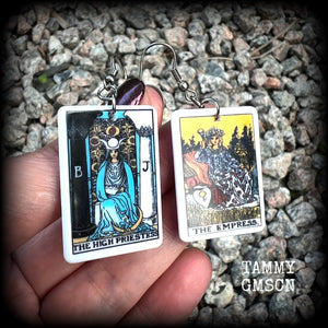 These classic Major Arcana earrings feature lightweight acrylic 'High Priestess' and ‘Empress’ tarot card charms, measuring just under 6cms from tip to tip and weighing only a gram or two each.

This pair has been made with stainless steel french hooks, suitable for pierced ears.