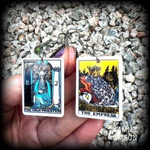 These classic Major Arcana earrings feature lightweight acrylic 'High Priestess' and ‘Empress’ tarot card charms, measuring just under 6cms from tip to tip and weighing only a gram or two each.

This pair has been made with stainless steel french hooks, suitable for pierced ears.