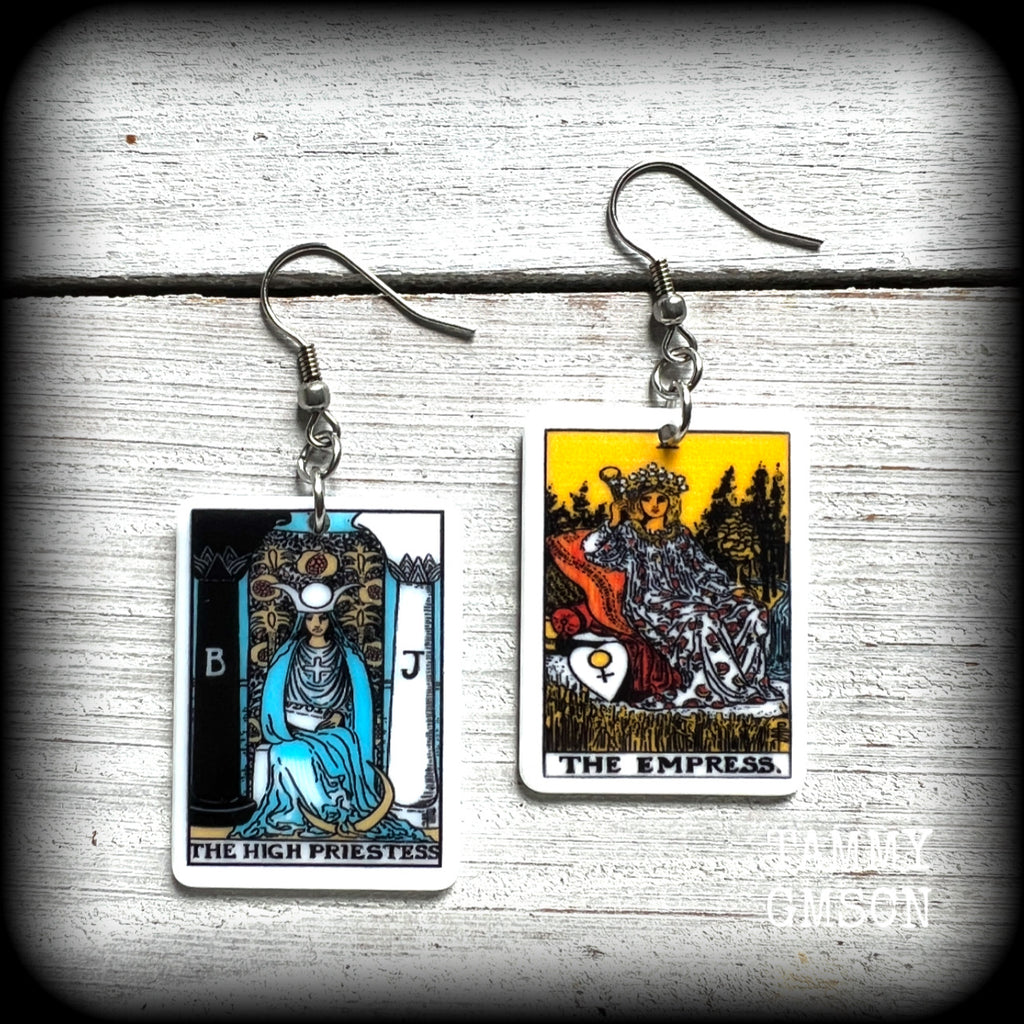 These classic Major Arcana earrings feature lightweight acrylic 'High Priestess' and ‘Empress’ tarot card charms, measuring just under 6cms from tip to tip and weighing only a gram or two each.

This pair has been made with stainless steel french hooks, suitable for pierced ears.