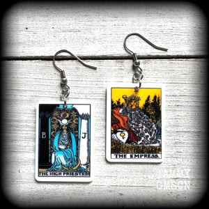 These classic Major Arcana earrings feature lightweight acrylic 'High Priestess' and ‘Empress’ tarot card charms, measuring just under 6cms from tip to tip and weighing only a gram or two each.

This pair has been made with stainless steel french hooks, suitable for pierced ears.