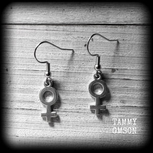 These lovely little antique silver Venus symbol earrings are nice and lightweight (at a gram or two each), measuring approx 3.5cms from tip to tip.
This pair has been made on stainless steel french hooks, for pierced ears.