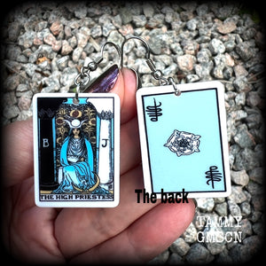 These classic Major Arcana earrings feature lightweight acrylic 'High Priestess' and ‘Empress’ tarot card charms, measuring just under 6cms from tip to tip and weighing only a gram or two each.

This pair has been made with stainless steel french hooks, suitable for pierced ears.