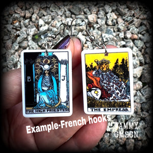 These classic Major Arcana earrings feature lightweight acrylic 'High Priestess' and ‘Empress’ tarot card charms, measuring just under 6cms from tip to tip and weighing only a gram or two each.

This pair has been made with stainless steel french hooks, suitable for pierced ears.