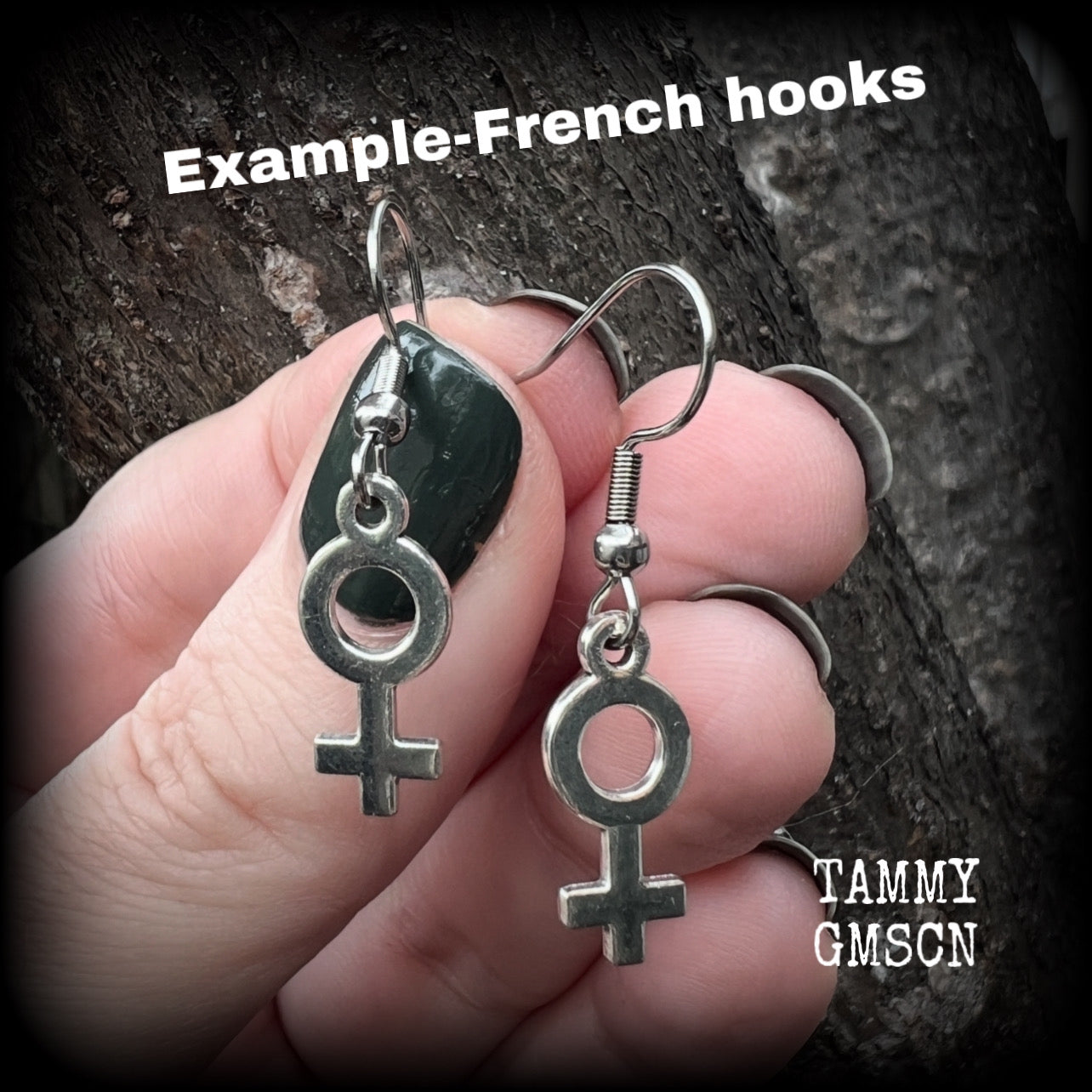 These lovely little antique silver Venus symbol earrings are nice and lightweight (at a gram or two each), measuring approx 3.5cms from tip to tip.
This pair has been made on stainless steel french hooks, for pierced ears.