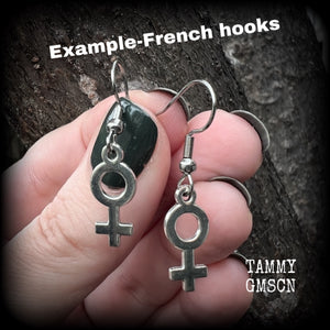 These lovely little antique silver Venus symbol earrings are nice and lightweight (at a gram or two each), measuring approx 3.5cms from tip to tip.
This pair has been made on stainless steel french hooks, for pierced ears.