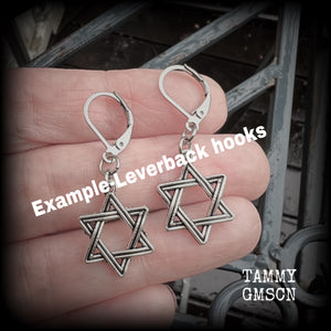 These lovely antique silver Star of David earrings are light weight at only a few grams each, and measure just under 4cms from tip to tip.  This pair has been made with leverback hooks, for pierced ears or stretched lobes.