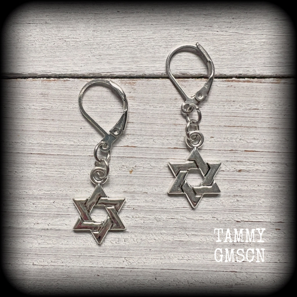 These lovely antique silver Star of David earrings are light weight at only a few grams each, and measure just under 4cms from tip to tip.  This pair has been made with leverback hooks, for pierced ears or stretched lobes.
