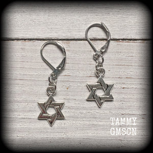 These lovely antique silver Star of David earrings are light weight at only a few grams each, and measure just under 4cms from tip to tip.  This pair has been made with leverback hooks, for pierced ears or stretched lobes.