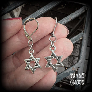 These lovely antique silver Star of David earrings are light weight at only a few grams each, and measure just under 4cms from tip to tip.  This pair has been made with leverback hooks, for pierced ears or stretched lobes.