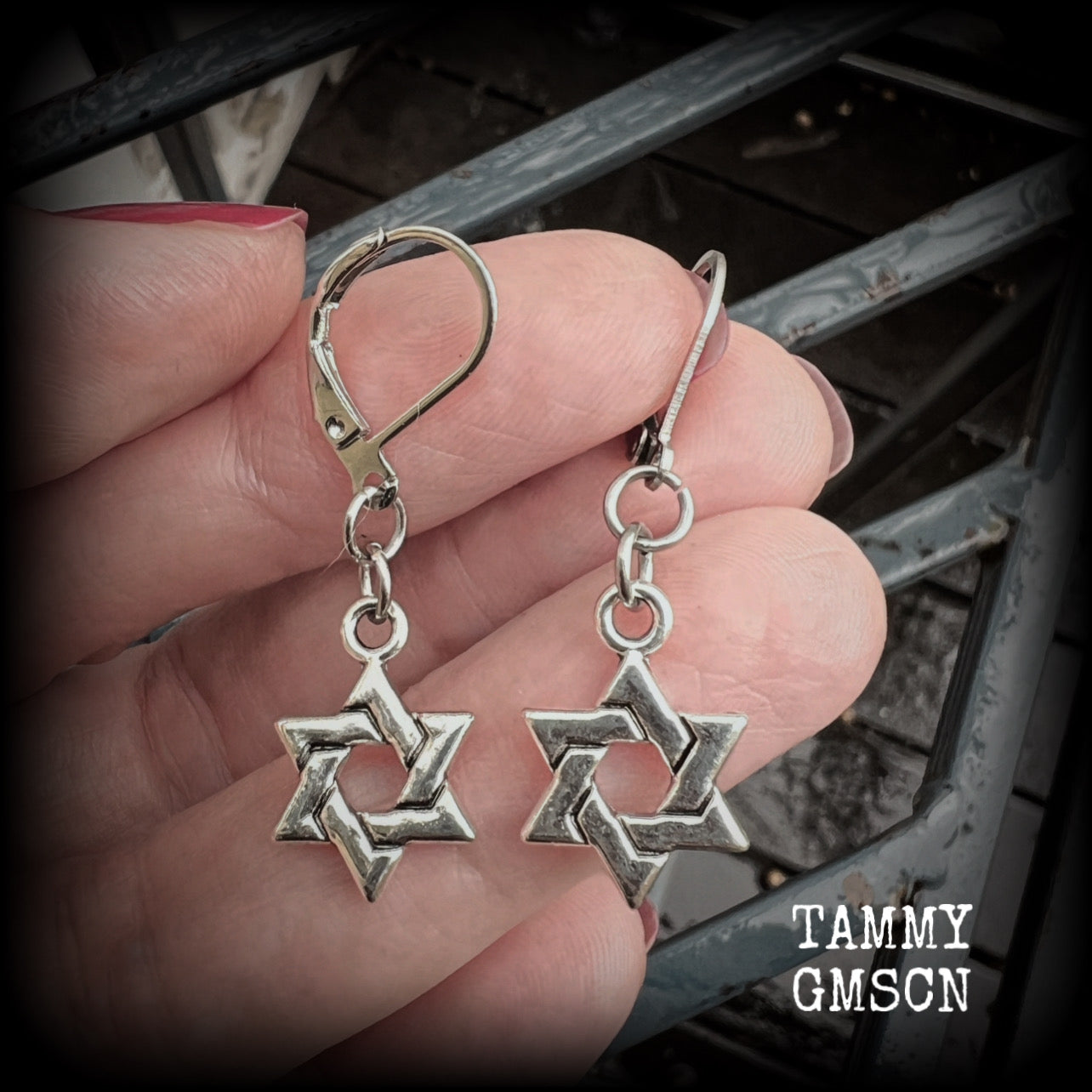 These lovely antique silver Star of David earrings are light weight at only a few grams each, and measure just under 4cms from tip to tip.  This pair has been made with leverback hooks, for pierced ears or stretched lobes.
