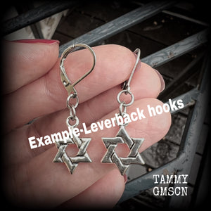 These lovely antique silver Star of David earrings are light weight at only a few grams each, and measure just under 4cms from tip to tip.  This pair has been made with leverback hooks, for pierced ears or stretched lobes.