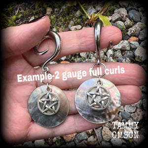 Mother of Pearl and pentagram gauged earrings-Shell earrings