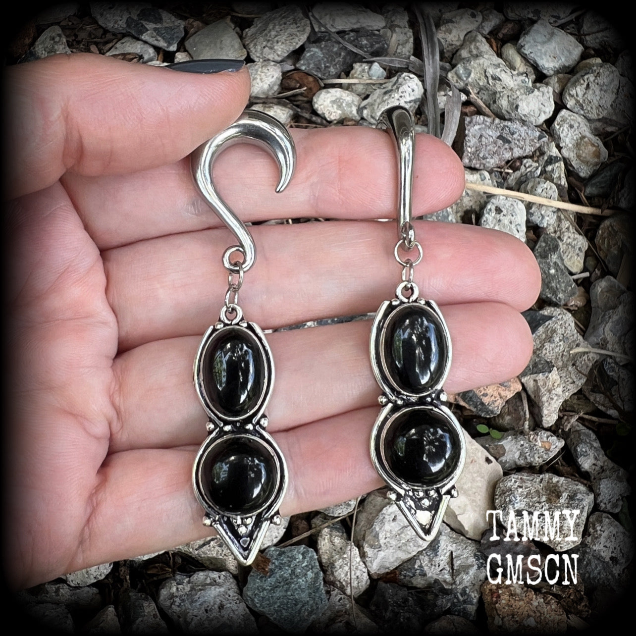 Black obsidian gauged earrings-Gemstone ear weights