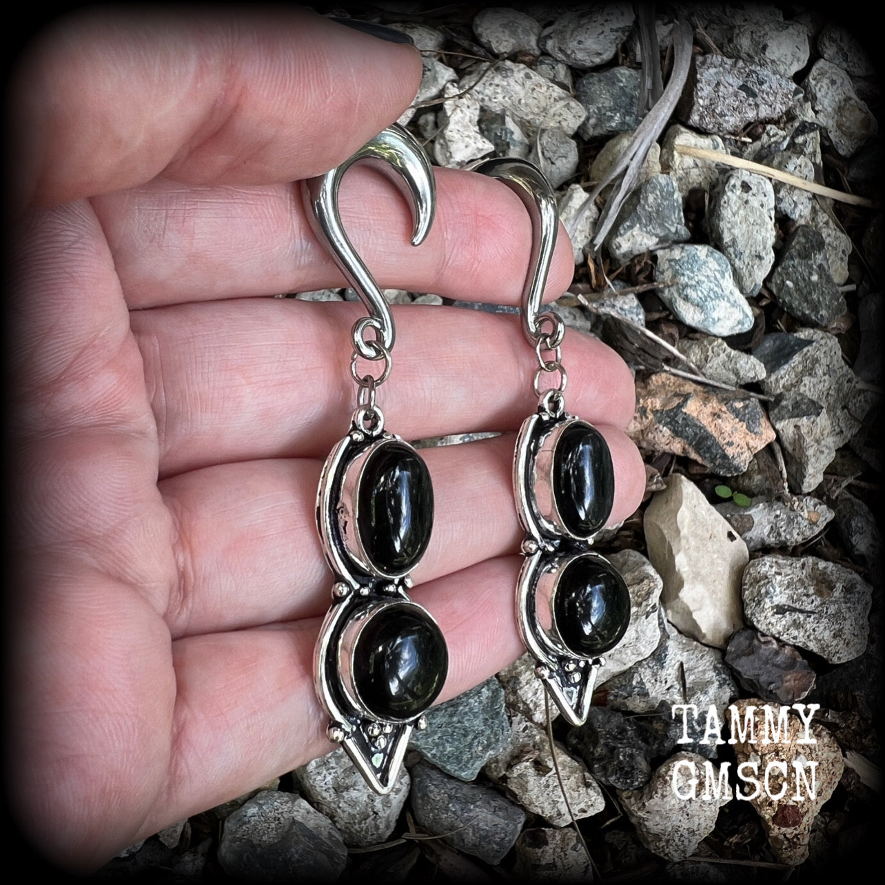 Black obsidian gauged earrings-Gemstone ear weights