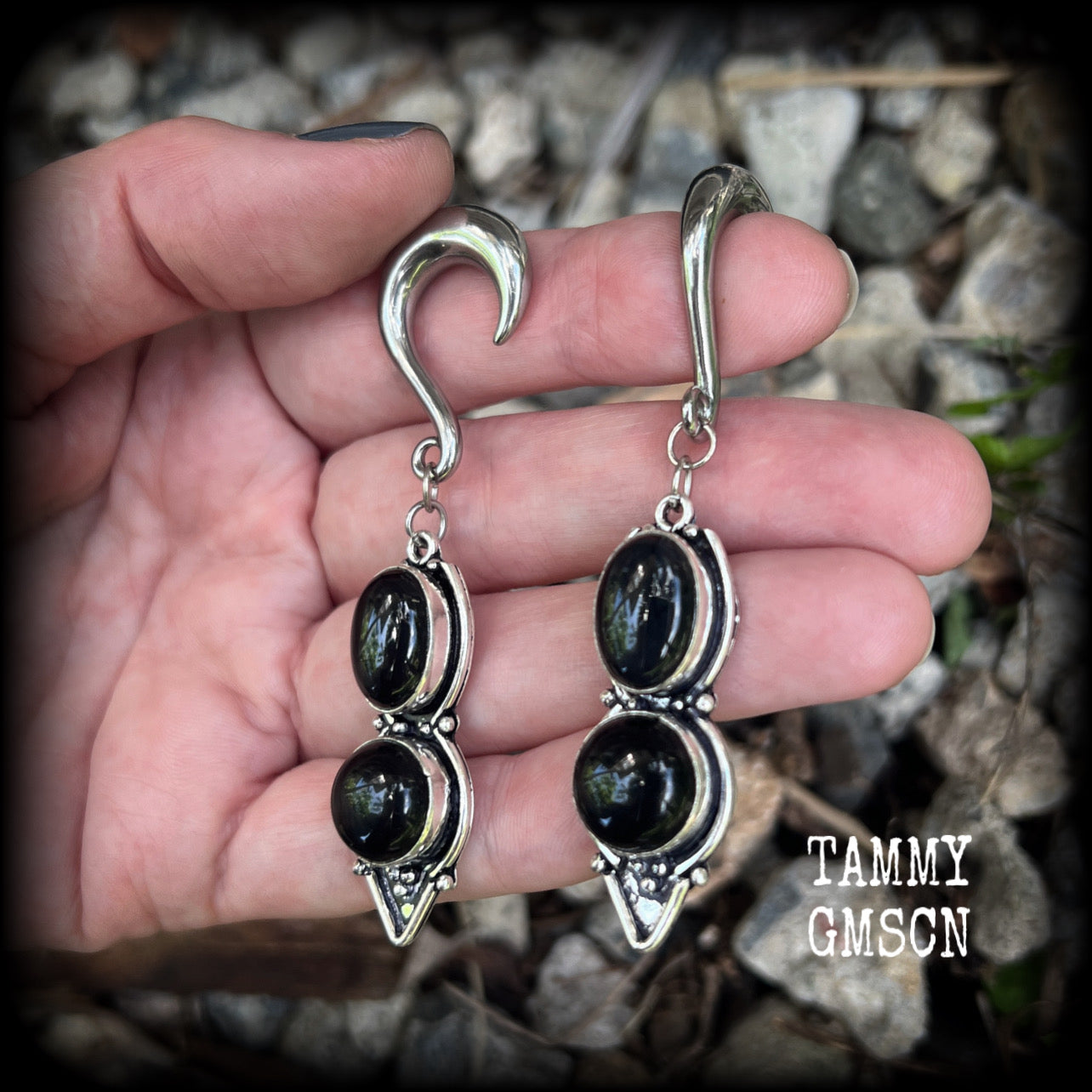 Black obsidian gauged earrings-Gemstone ear weights