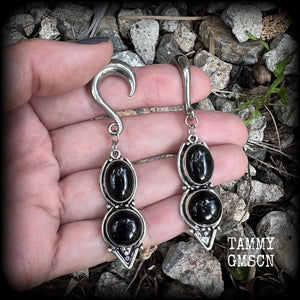 Black obsidian gauged earrings-Gemstone ear weights