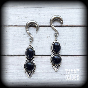 Black obsidian gauged earrings-Gemstone ear weights