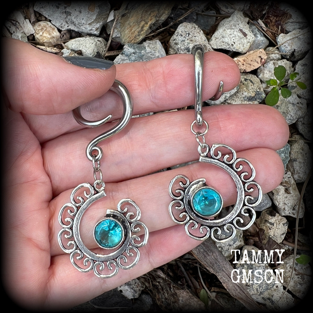 Blue topaz gauged earrings-Gemstone ear weights