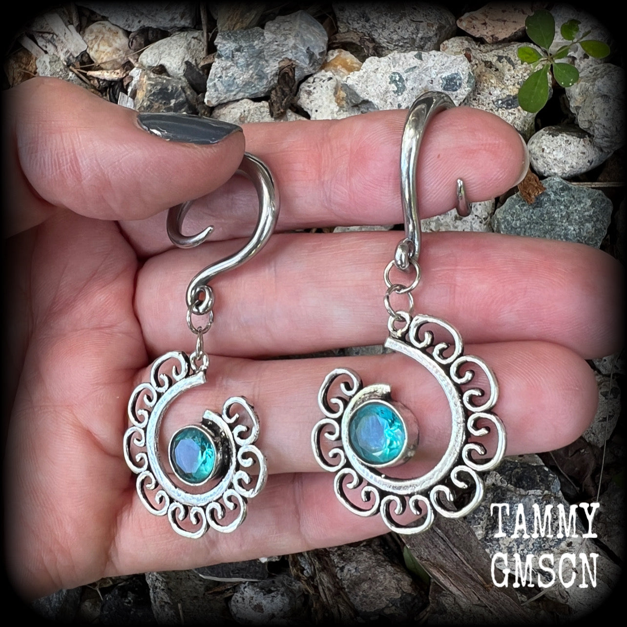 Blue topaz gauged earrings-Gemstone ear weights