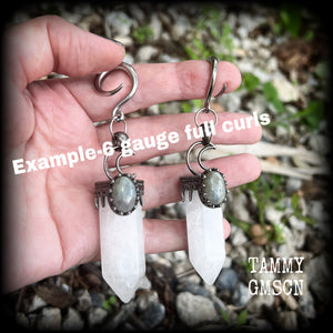 Clear quartz and labradorite gauged earrings