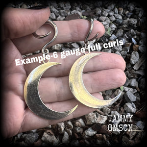 Crescent moon earrings for stretched lobes 0 gauge ear weights Moon ear hangers Moon gauged earrings 6g 2g 0g 00g 1/2&quot; 9/16 5/8 3/4 7/8 1 1.1 1.18 8mm earrings Stretched lobes gauged ears Witchy earrings Black Friday jewellery Halloween