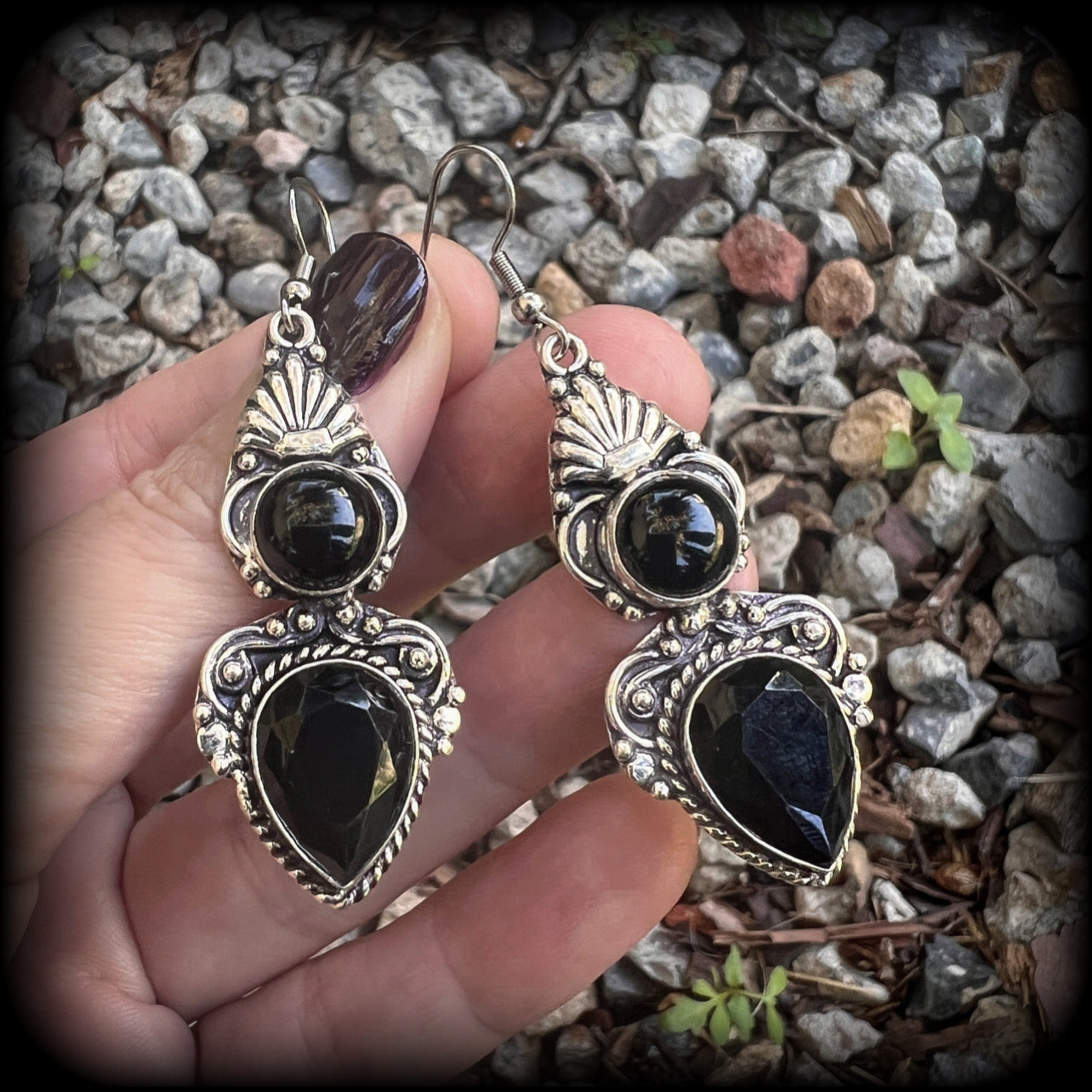 Black obsidian earrings-Boho gemstone earrings