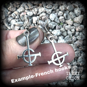 These lovely dangly earrings feature antique silver Ghost Grucifix charms, nice and lightweight at only a few grams each and measuring just over 4cms from tip to tip.  This pair have been made on stainless steel french hooks, suitable for pierced ears.