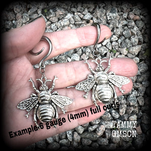 Antique silver bee gauged earrings-Insect ear hangers